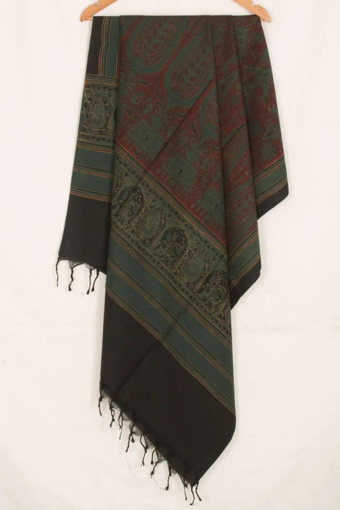 Dark Green Ajrakh Printed Muga Tussar Dupatta