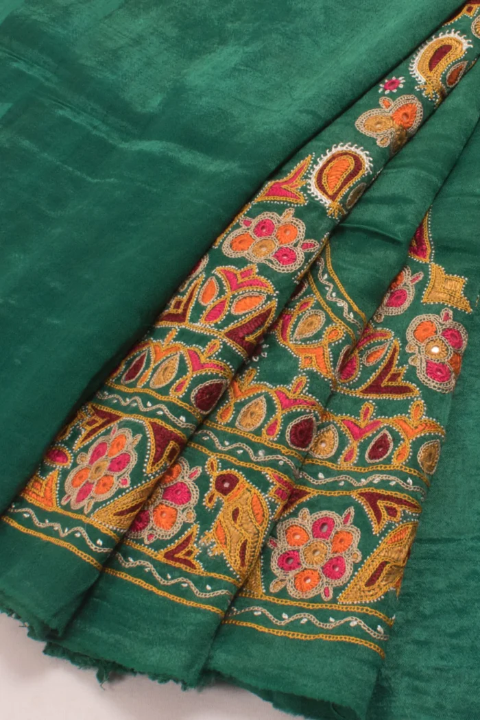 Green Mirror Embroidered Mashru Blouse Material