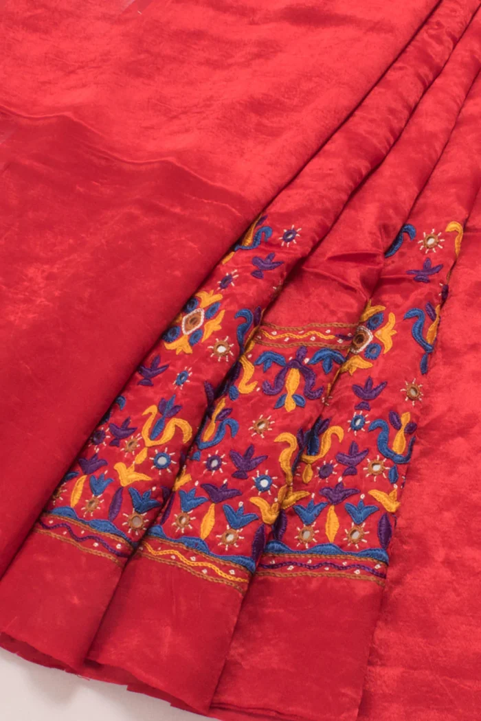 Red Mirror Embroidered Mashru Blouse Material