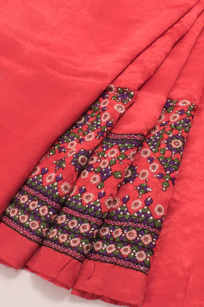 Red Hand Embroidered Mashru Silk Blouse Material